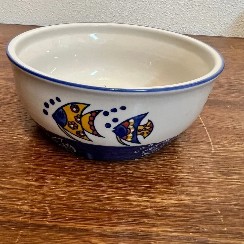 Yokohama Studio Hand-Painted Fish Bowl – Blue & Yellow Ceramic Coastal Décor